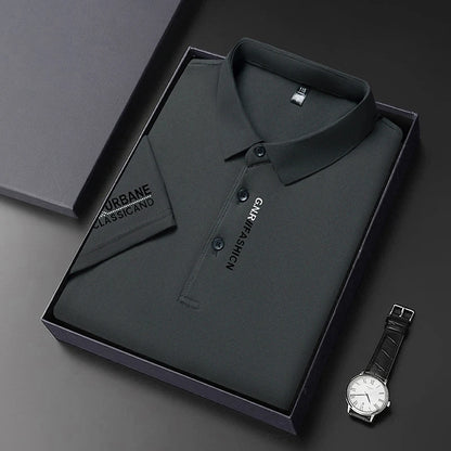 VaultHaus short sleeve solid colour polo for men in black, neatly packaged with a watch