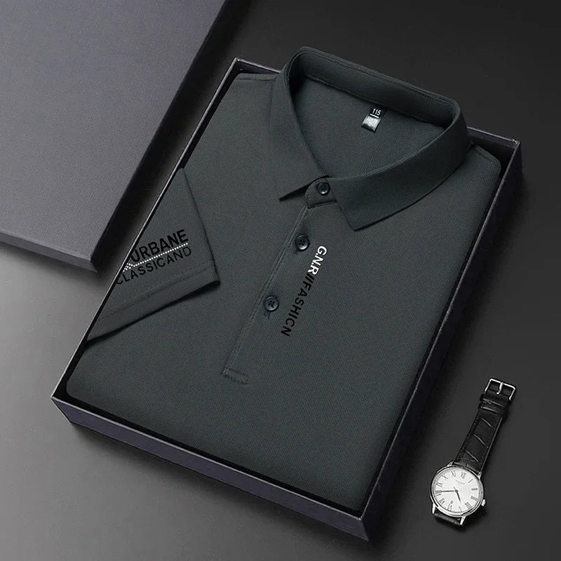 VaultHaus short sleeve solid colour polo for men neatly packaged in a box with a watch