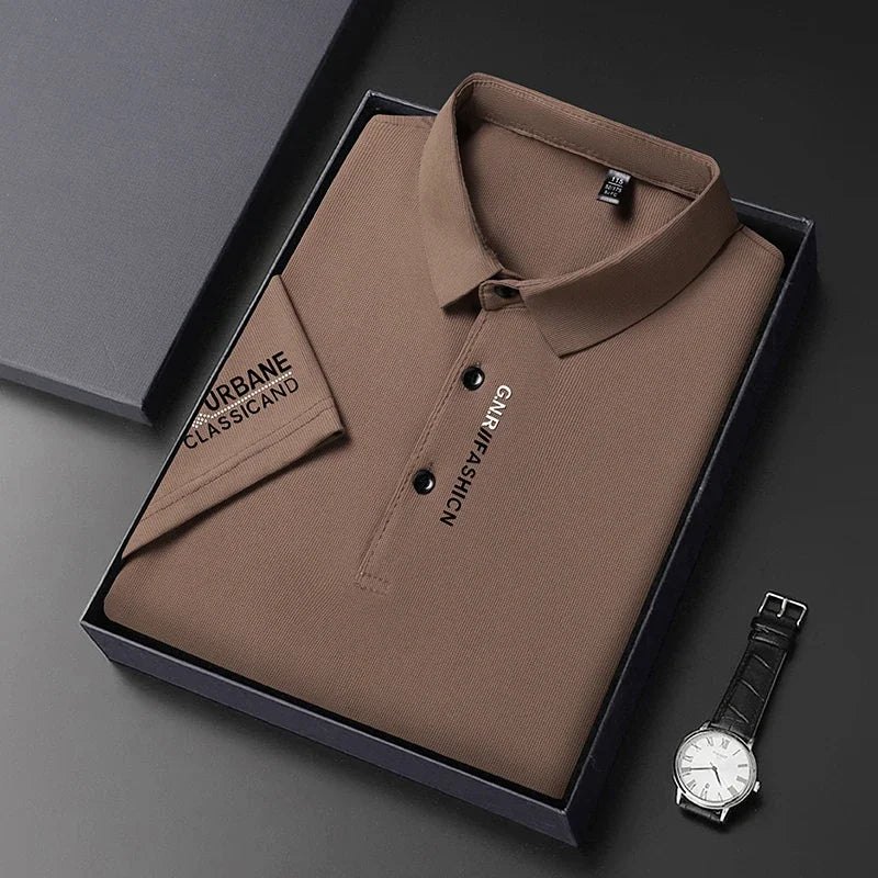VaultHaus short sleeve solid colour polo for men in brown presented in a stylish gift box with a watch