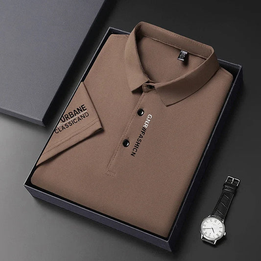 VaultHaus short sleeve solid colour polo for men in brown presented in a stylish gift box with a watch