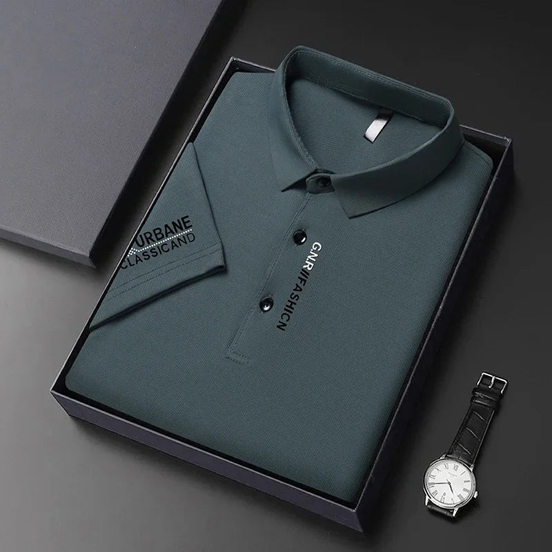 VaultHaus short sleeve solid colour polo for men in dark green, neatly packaged with a watch