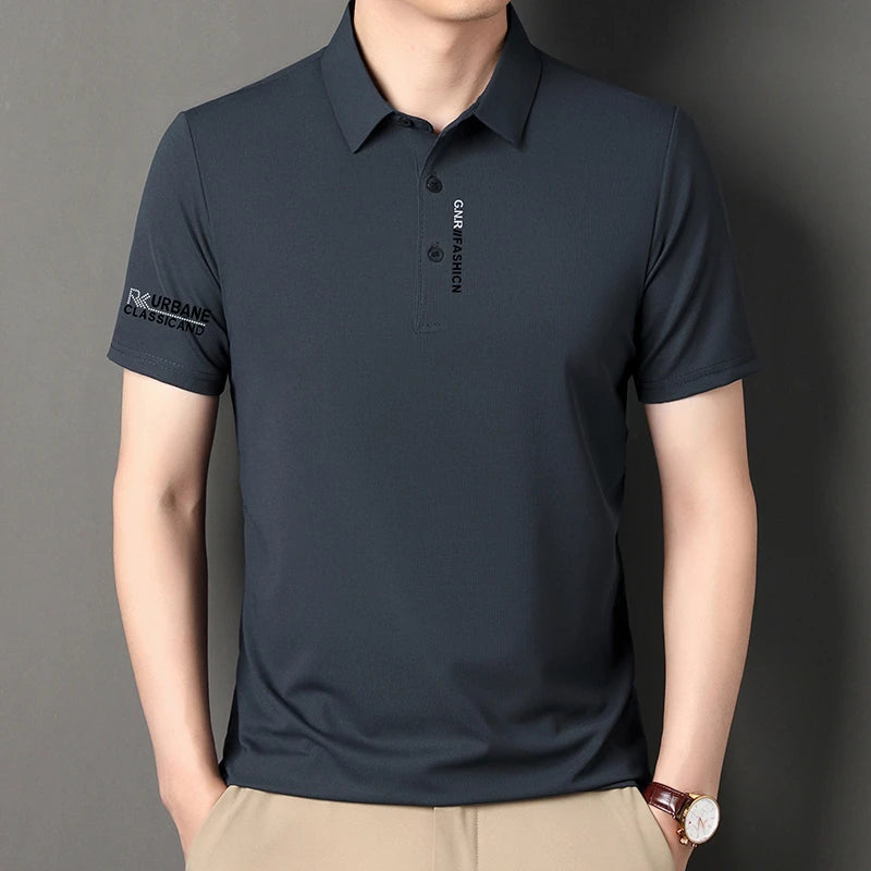 VaultHaus short sleeve solid colour polo for men in dark grey with logo detail on sleeve