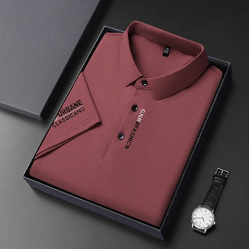 Maroon short sleeve solid colour polo for men neatly packaged in a box with a wristwatch