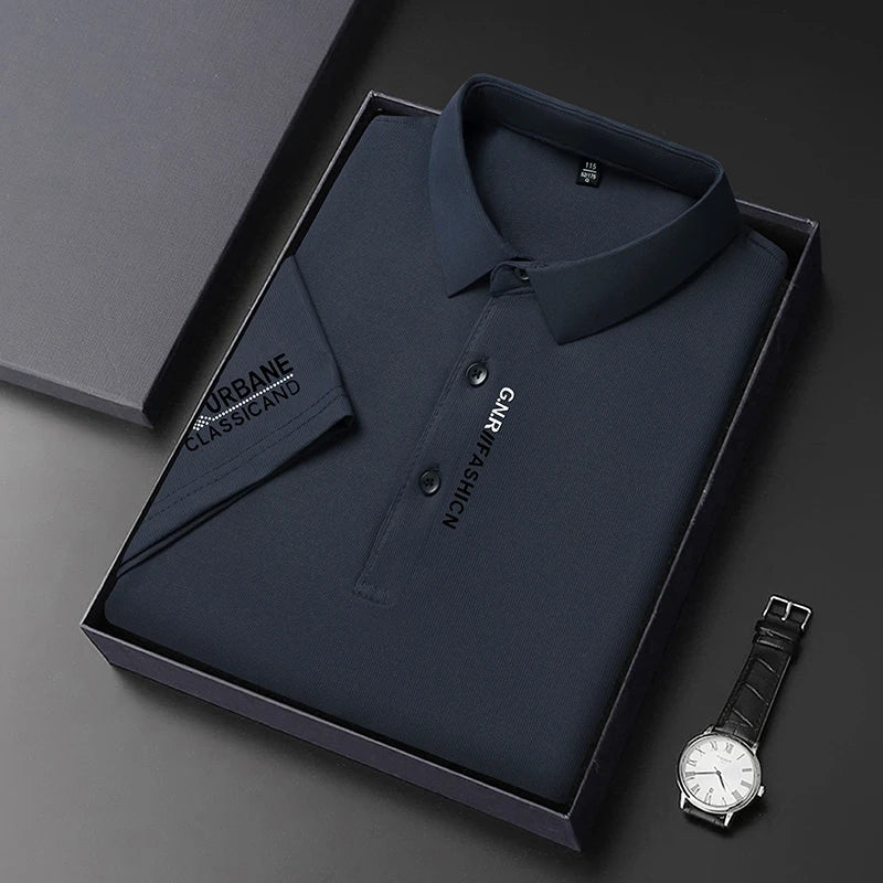 VaultHaus short sleeve solid colour polo for men packaged in a stylish box with a watch