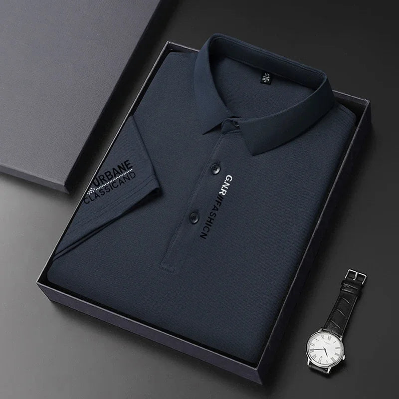 VaultHaus short sleeve solid colour polo for men in navy blue, neatly folded in a gift box