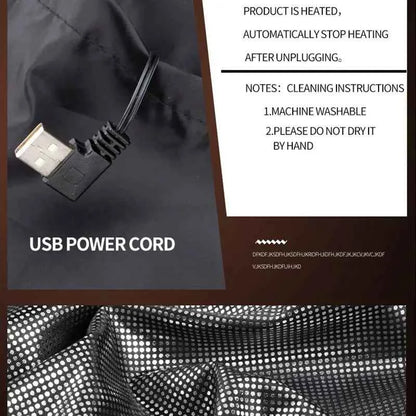 VaultHaus USB electric heated jacket outdoor sports with power cord details and cleaning instructions