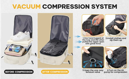 VaultHaus vacuum carry on travel backpack 40x20x25 showing before and after vacuum compression system with step-by-step usage instructions