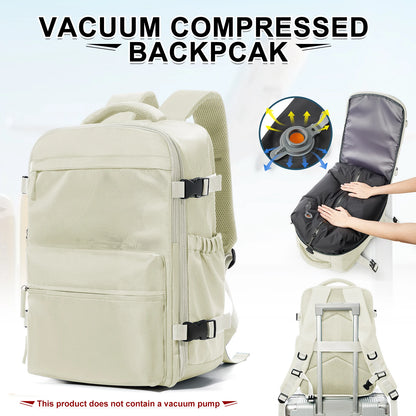 VaultHaus vacuum carry on travel backpack 40x20x25 beige with vacuum compressed feature and luggage strap