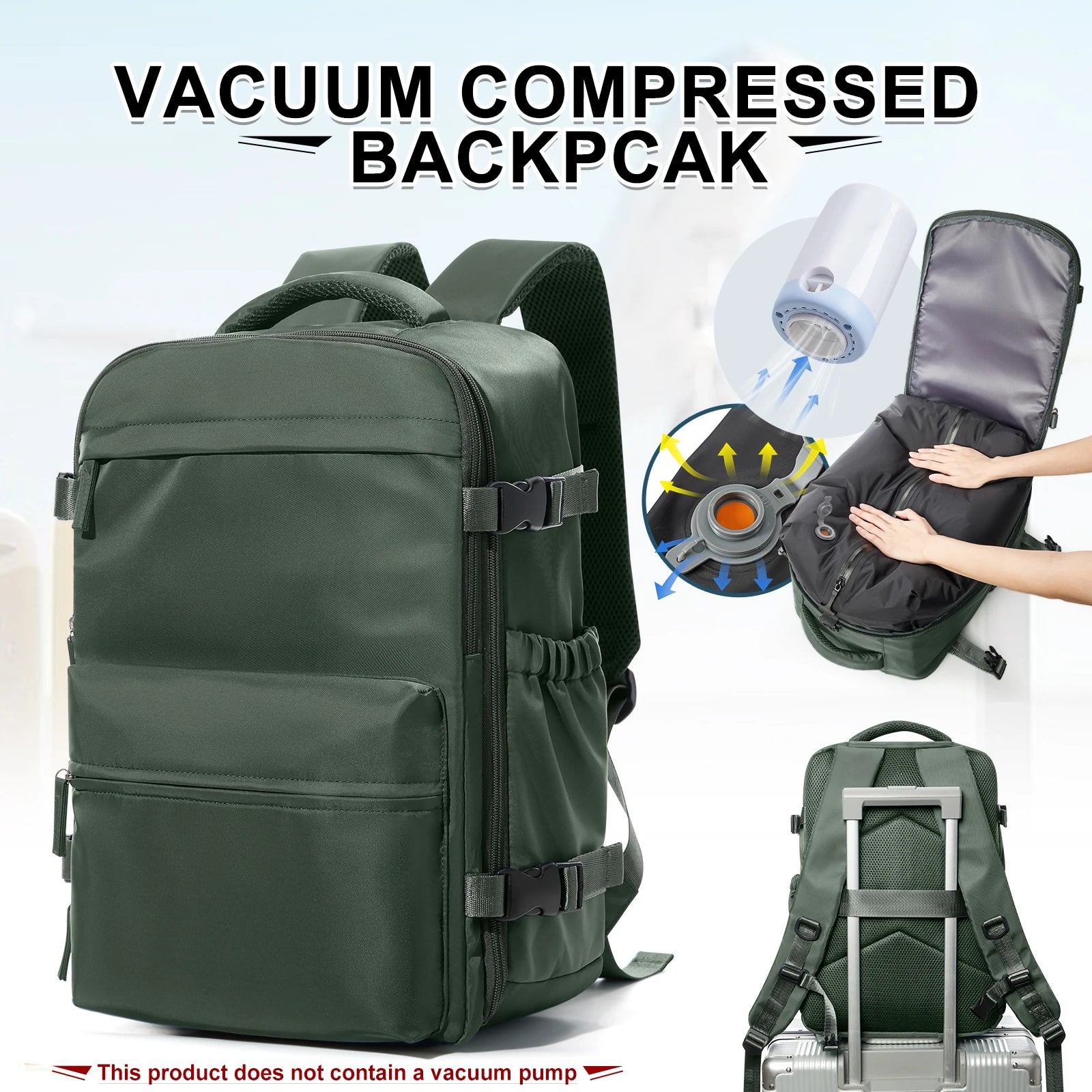 VaultHaus vacuum carry on travel backpack 40x20x25 in green with vacuum compression and luggage strap