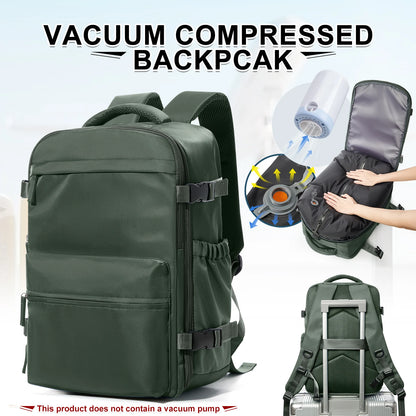 VaultHaus vacuum carry on travel backpack 40x20x25 in green with vacuum compression and luggage strap