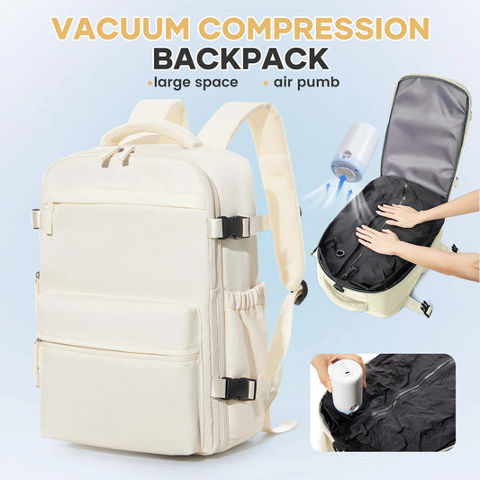 VaultHaus vacuum carry on travel backpack 40x20x25 in beige with vacuum compression and air pump features