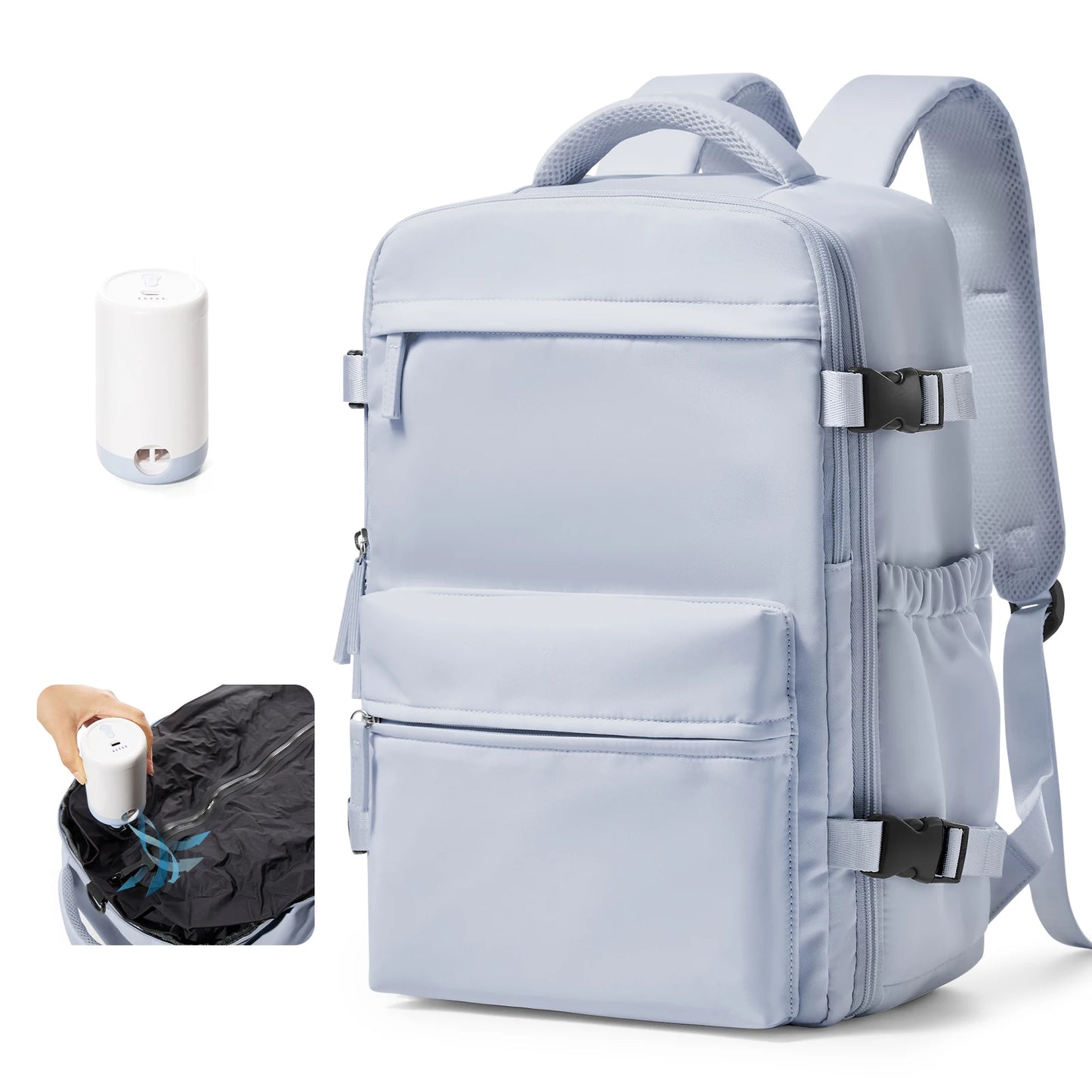 VaultHaus vacuum carry on travel backpack 40x20x25 in light gray with multiple compartments and included portable vacuum