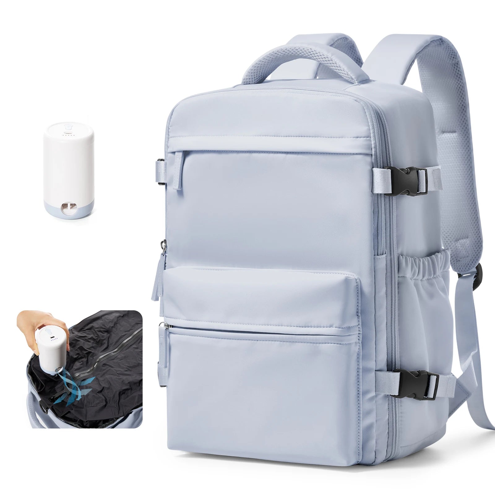 VaultHaus vacuum carry on travel backpack 40x20x25 in light gray with multiple compartments and included portable vacuum
