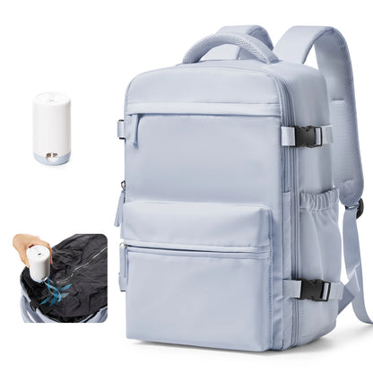 VaultHaus vacuum carry on travel backpack 40x20x25 in light gray with multiple compartments and included portable vacuum