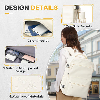VaultHaus vacuum carry on travel backpack 40x20x25 in cream with multiple pockets and waterproof materials