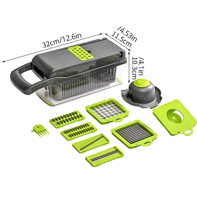 12 in 1 vegetable chopper and grater in green and black with multiple slicing attachments for versatile food prep