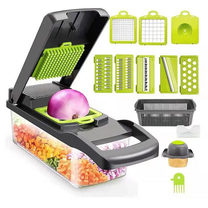 12 in 1 vegetable chopper and grater in green and black with various slicing accessories for efficient food prep