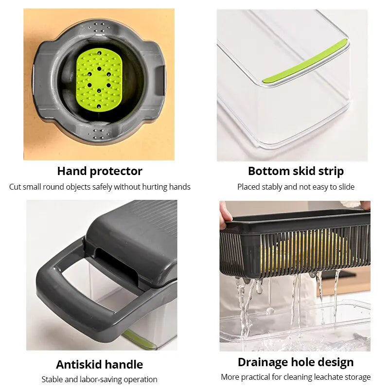 Top view of 12 in 1 vegetable chopper and grater by VaultHaus with hand protector and drainage design