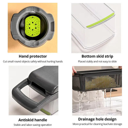 Top view of 12 in 1 vegetable chopper and grater by VaultHaus with hand protector and drainage design