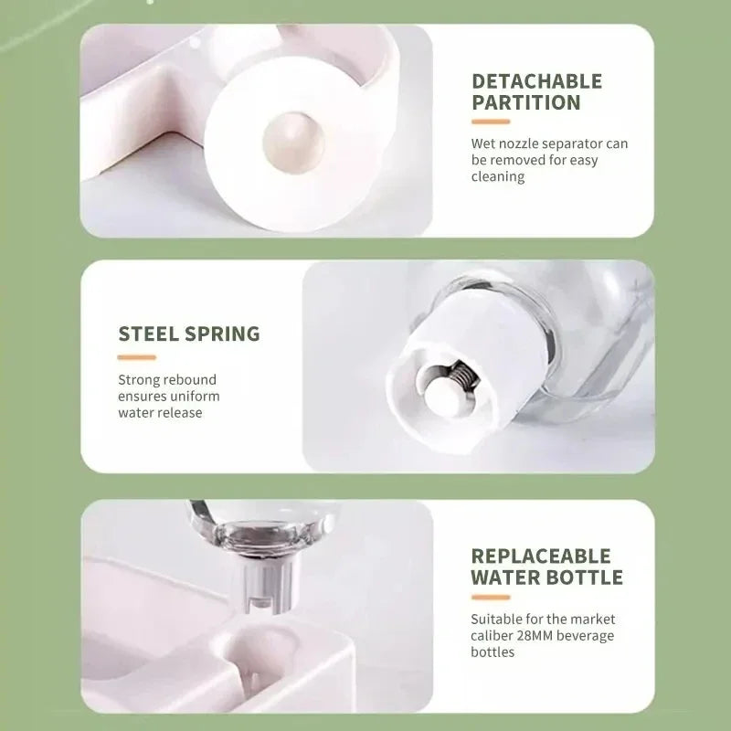 Automatic pet water bowl with detachable partition and steel spring for uniform water release