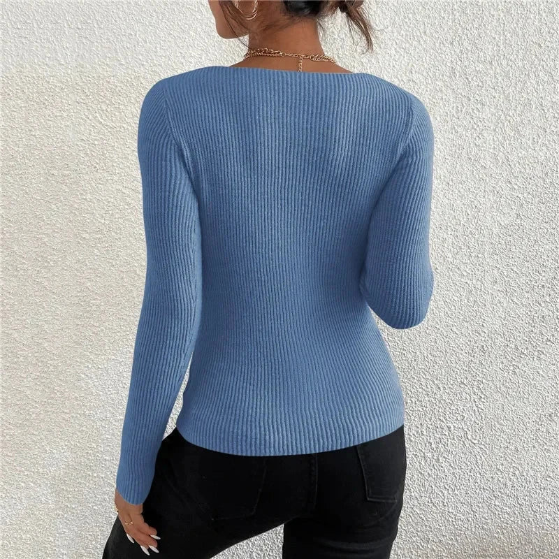 Back view of Women's Solid Rib Knit V-Neck Stripe Pull Sweater, perfect Femme Casual Jersey Rib Knit V-Neck Top for stylish outfits.