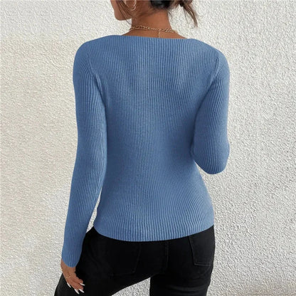 Back view of Women's Solid Rib Knit V-Neck Stripe Pull Sweater, perfect Femme Casual Jersey Rib Knit V-Neck Top for stylish outfits.