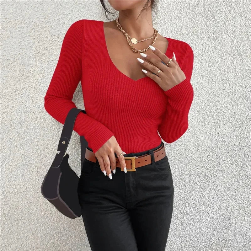 Stylish red Femme Casual Jersey Rib Knit V-Neck Top with long sleeves, perfect for trendy outfits