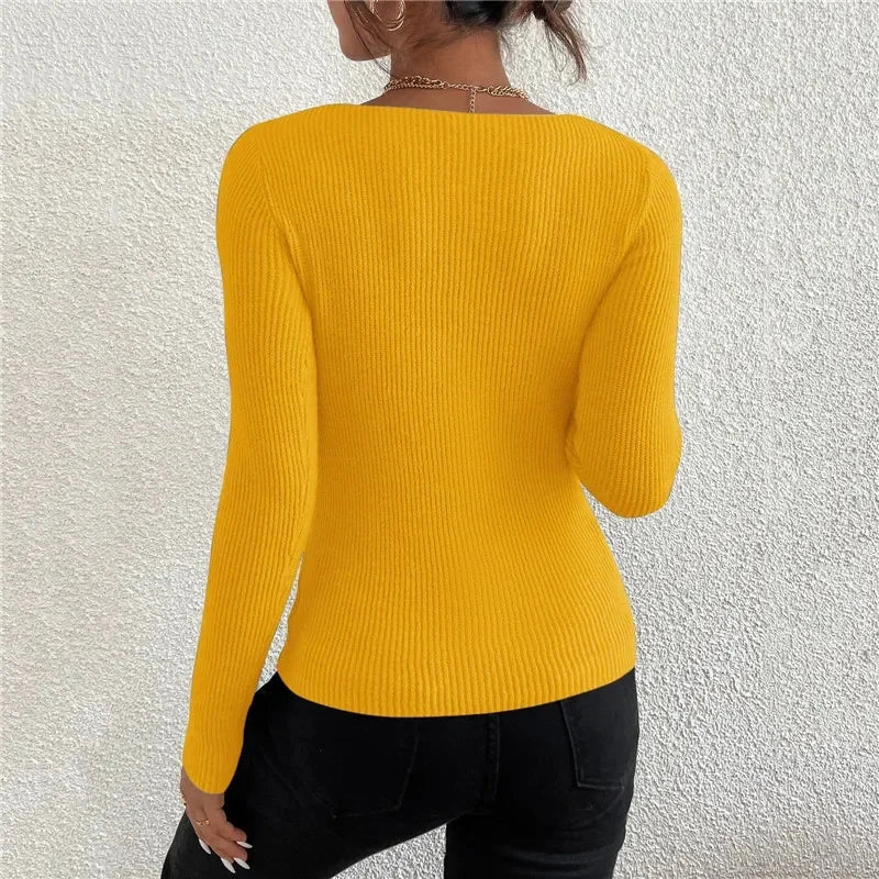 Back view of Women's Solid Rib Knit V-Neck Stripe Pull Sweater in Yellow, Femme Casual Jersey Rib Knit V-Neck Top