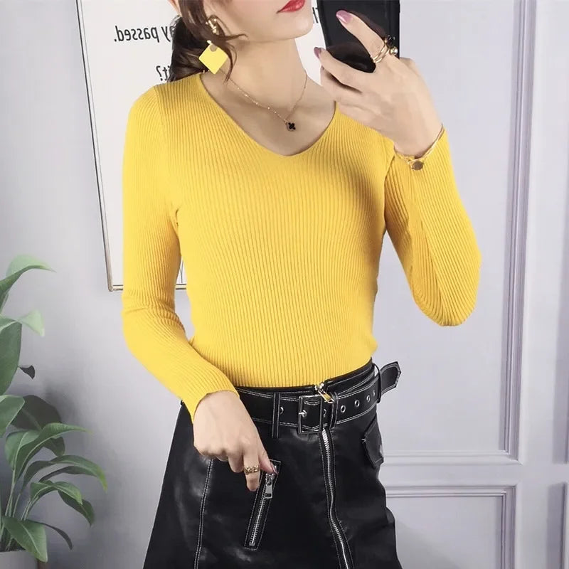 Women's Solid Rib Knit V-Neck Stripe Pullover, Femme Casual Jersey Rib Knit V-Neck Top in Yellow