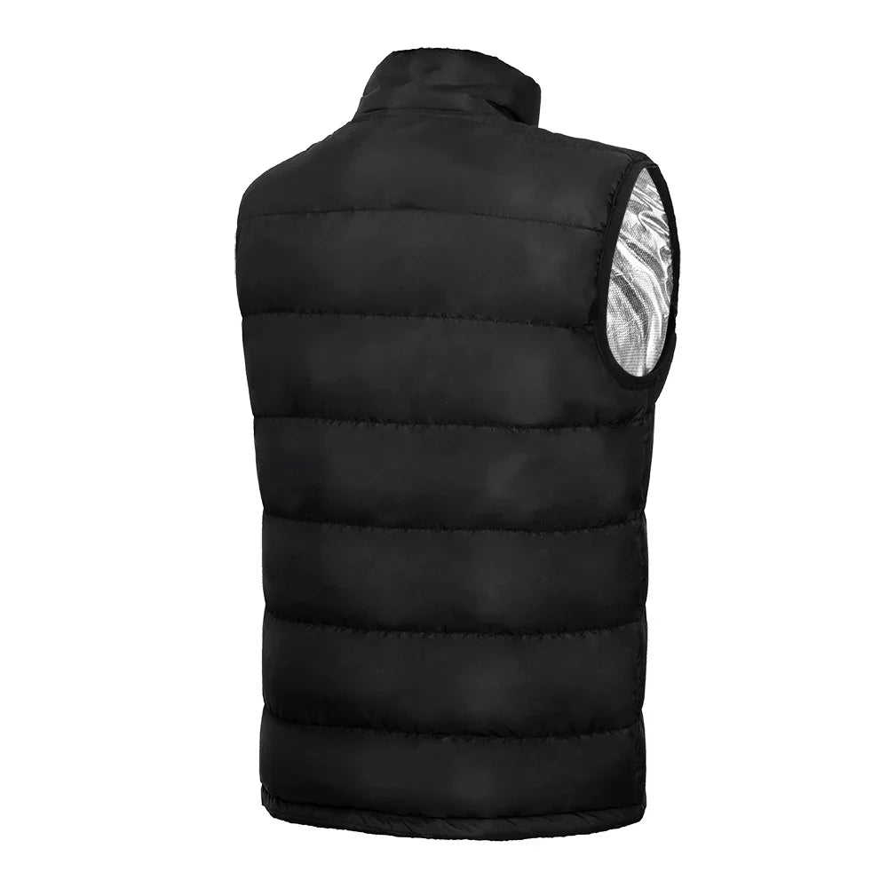 Black heated vest for camping featuring 9 heated zones and USB heating for optimal warmth outdoors