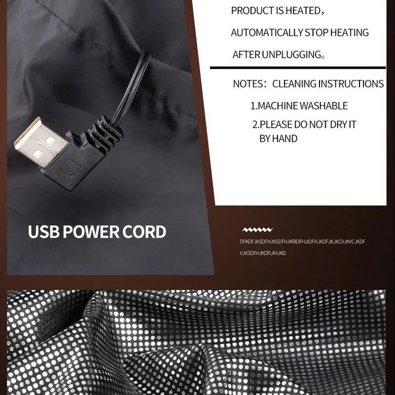 USB power cord detail for heated vest for camping, designed for easy machine washing and safe to use