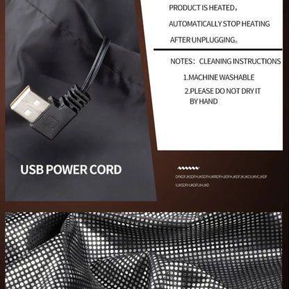 USB power cord detail for heated vest for camping, designed for easy machine washing and safe to use