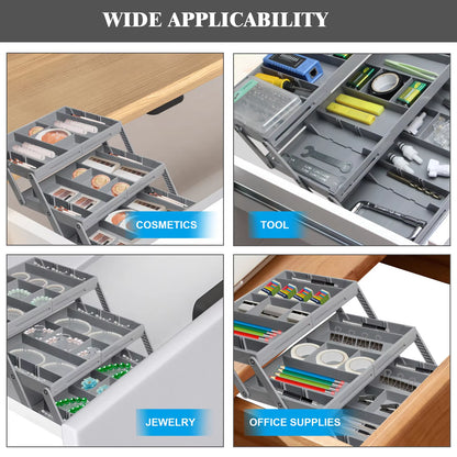 VaultHaus multi-tier storage trays for kitchen in a drawer organizing various office supplies, tools, and cosmetics