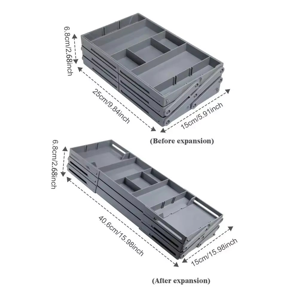 Multi-tier storage trays for kitchen in gray, expandable and collapsible design for organizing gadgets.