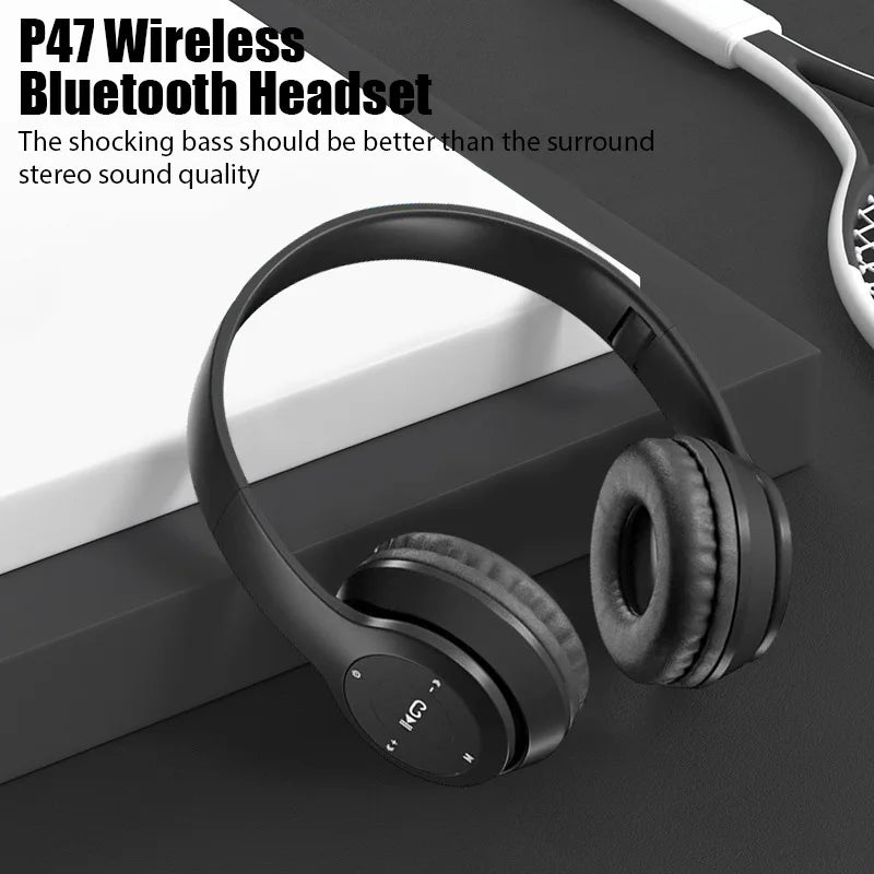 P47 wireless headphones with noise cancelling mic for sports and gaming, featuring stereo sound quality