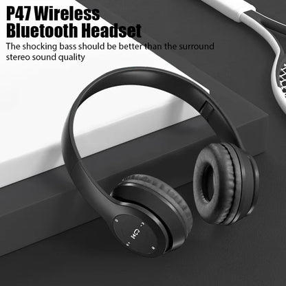 P47 wireless headphones with noise cancelling mic for sports and gaming, featuring stereo sound quality