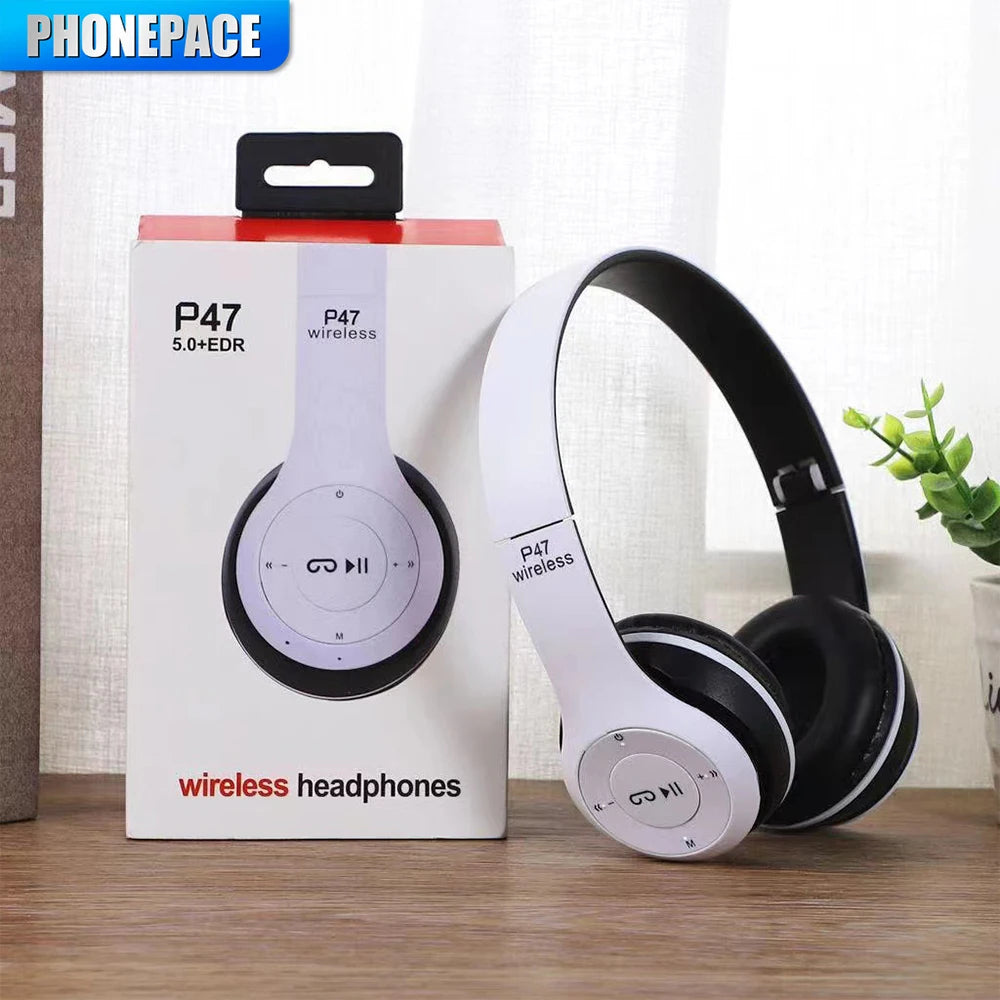 P47 wireless headphones in white displayed next to packaging, featuring noise-cancelling and stereo sound for gaming