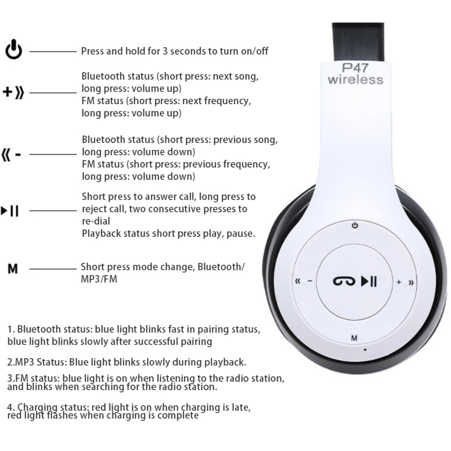 P47 wireless headphones with built-in mic and noise cancelling for sports and gaming, stereo sound, supports PC