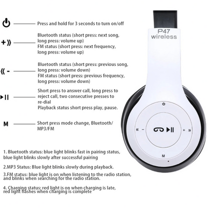 P47 wireless headphones with built-in mic and noise cancelling for sports and gaming, stereo sound, supports PC