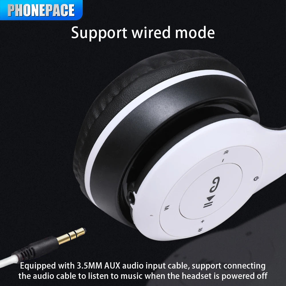 P47 wireless headphones with mic feature, noise cancelling and stereo sound in wired mode for versatile use