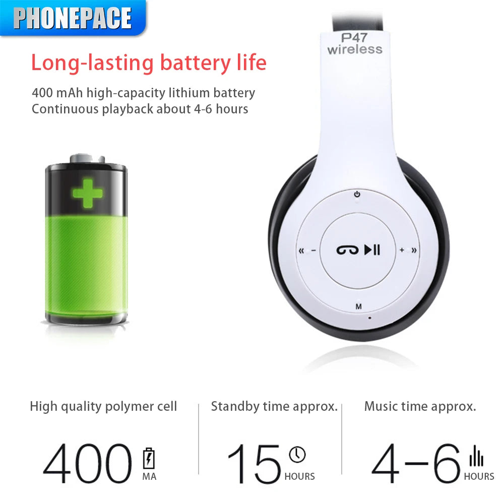 P47 wireless headphones with noise cancelling and stereo sound for sports and gaming, supports PC use