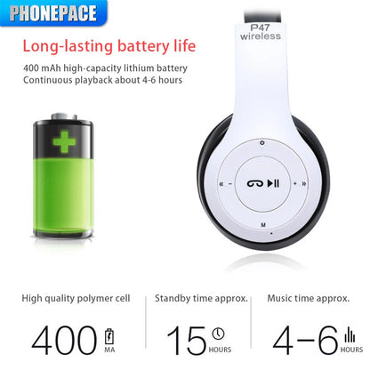 P47 wireless headphones with noise cancelling and stereo sound for sports and gaming, supports PC use