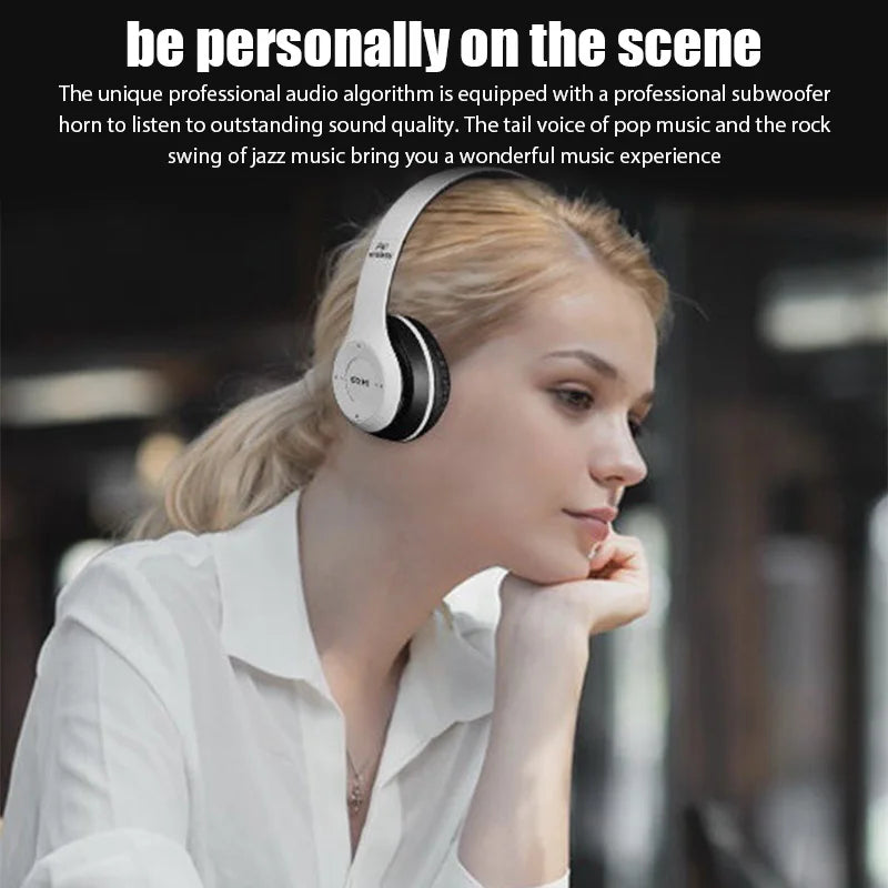 P47 wireless headphones in use, showcasing stylish design and noise-cancelling features for immersive sound