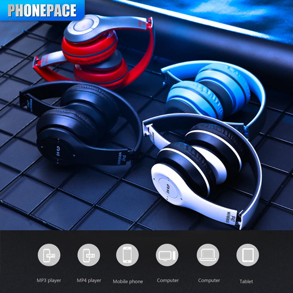 P47 wireless headphones in various colors on a textured surface, designed for gaming and sports.
