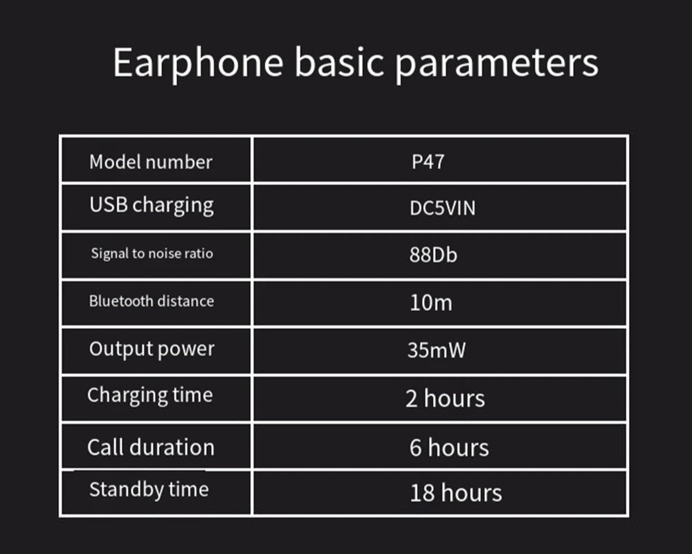 P47 wireless headphones in black with noise cancelling and stereo sound for gaming and sports