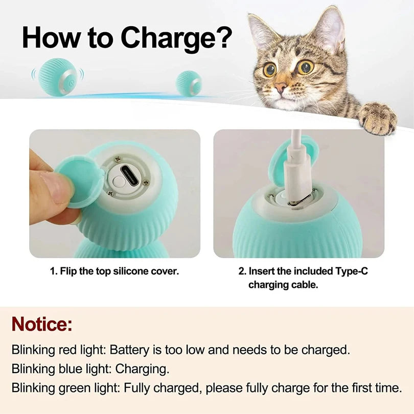 Smart moving Cat & Dog ball charging guide with instructions for use and battery indicators