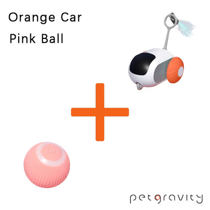 Orange car with pink ball for pets featuring smart moving Cat & Dog ball for interactive play indoors