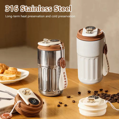 Smart thermos bottle with LED display in stainless steel and white finish for preserving beverage temperature