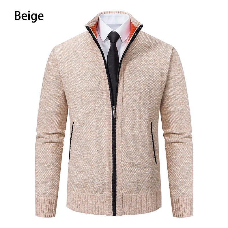 Beige solid color men's fleece sweater with stand collar and zipper front for casual wear