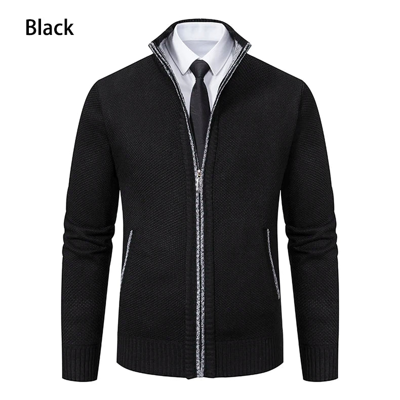 Solid color men's fleece sweater in black with stand collar and zipper for casual style
